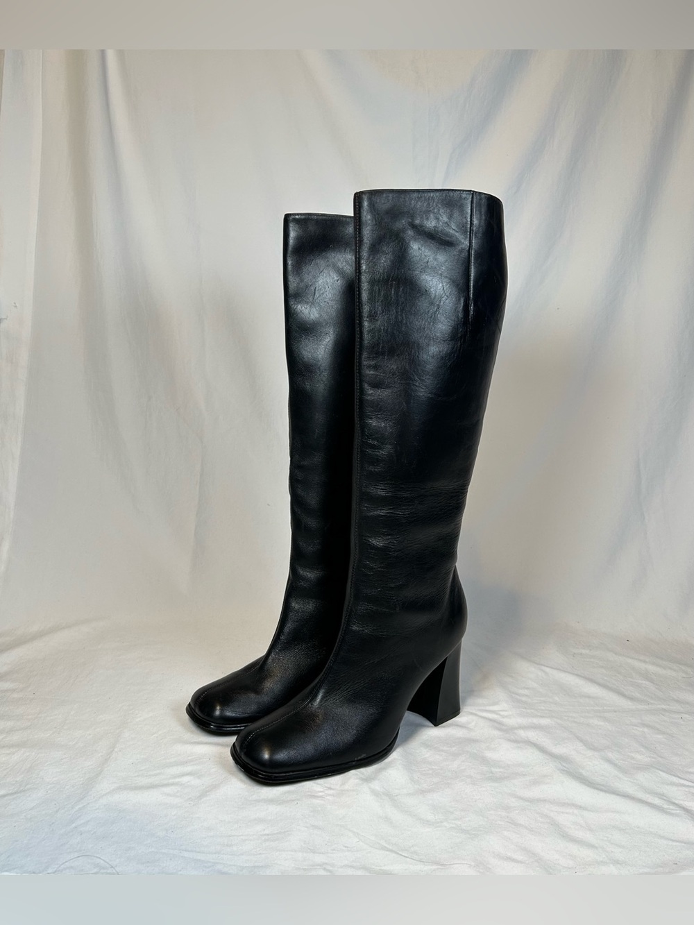 Vintage Y2K Newport News Black Leather Square Toe Knee High Zip Riding Boots~10~